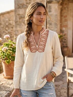Spartina 449 Embroidered Gauze Tunic Top - Ivory & Rust Paisley - Size XS *NWOT*